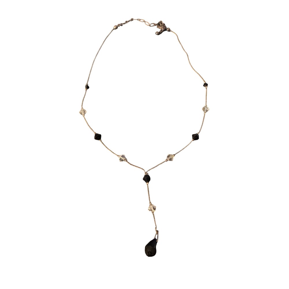 Black and Clear Crystal Y-Drop Lariat Necklace Silver Tone Teardrop Pendant
